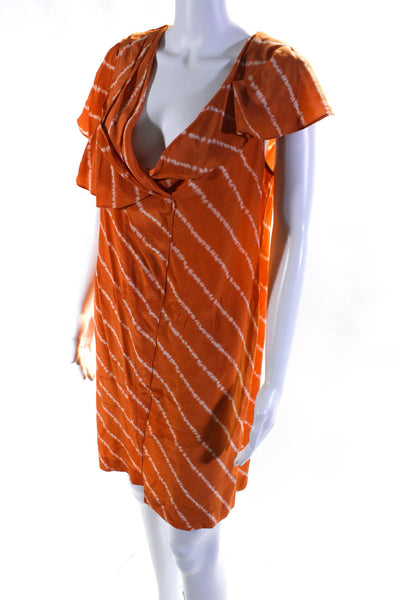 BCBGMAXAZRIA Womens Ruffled V Neck Cut Out Striped Silk Dress Orange Size Small