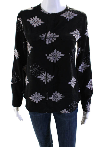 Equipment Femme Womens Black Silk Floral Crew Neck Long Sleeve Blouse Top SizeXS