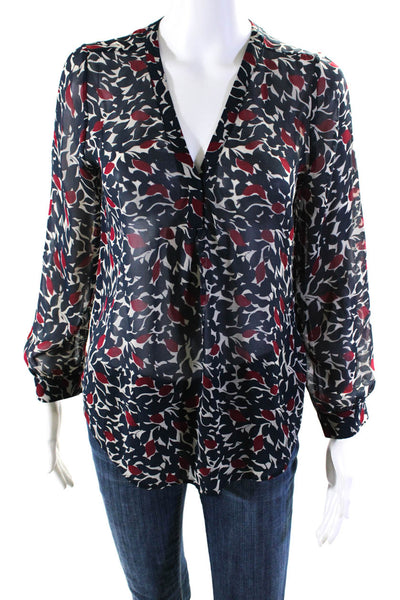 Joie Womens Blue Red Silk V-Neck Floral Print Long Sleeve Blouse Top Size XS