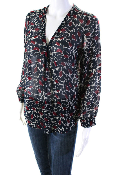 Joie Womens Blue Red Silk V-Neck Floral Print Long Sleeve Blouse Top Size XS