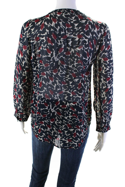 Joie Womens Blue Red Silk V-Neck Floral Print Long Sleeve Blouse Top Size XS