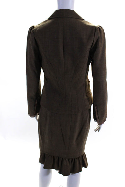 Rebecca Taylor Womens Pleated Trim Button Down Skirt Suit Brown Wool Size 4