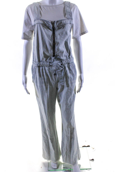 NSF Women's Cotton Front Zip Striped Raw Hem Flared Jumpsuit Blue Size S