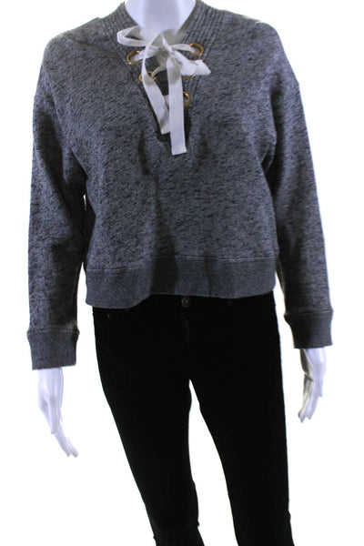 Derek Lam 10 Crosby Womens Long Sleeve Lace Up V Neck Sweater Gray Cotton Size 4