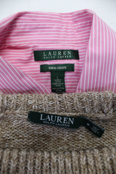 Lauren Ralph Lauren Womens Buttoned Shirt Sweater Pink White Tan Size M L Lot 2