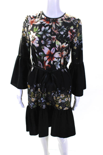 Clover Canyon Womens Floral Print Belted Flounce Long Sleeve Dress Black Size XS