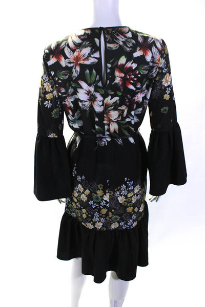 Clover Canyon Womens Floral Print Belted Flounce Long Sleeve Dress Black Size XS