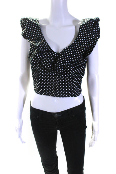 Lucy Paris Womens Cotton Polka Dot Ruffled V-Neck Cropped Top Black Size M