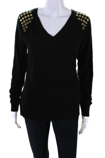 Michael Michael Kors Womens Cotton V-Neck Grommet Shoulder Sweater Black Size PM