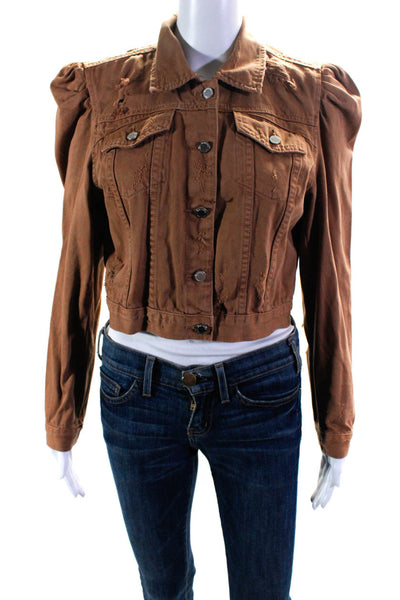 BLANKNYC Womens Collar Long Sleeves Button Up Distress Denim Jacket Brown Size M