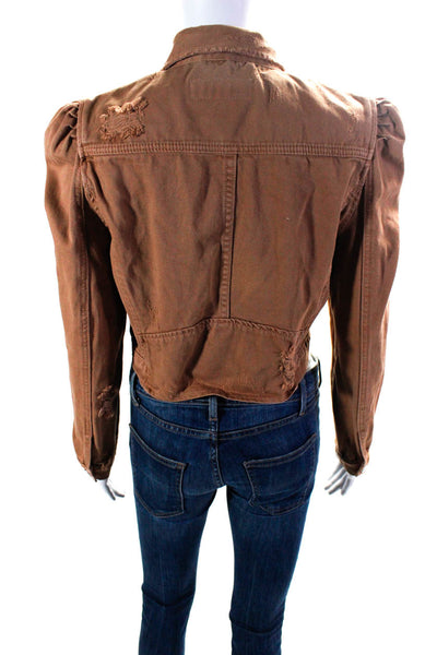 BLANKNYC Womens Collar Long Sleeves Button Up Distress Denim Jacket Brown Size M