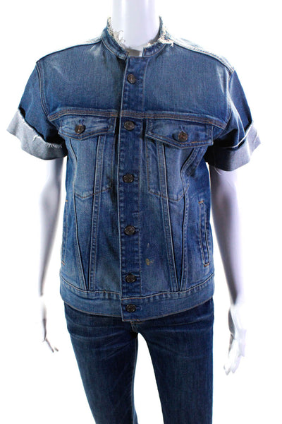 7 For All Mankind Women's Short Sleeves Button Up Medium Wash Jean Jacket Size X