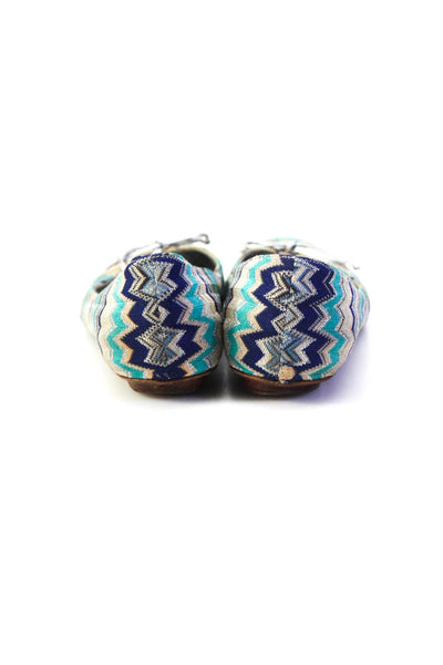 Missoni Women's Metallic Zig Zag Knit Bow Round Toe Flats Blue Size 8.5