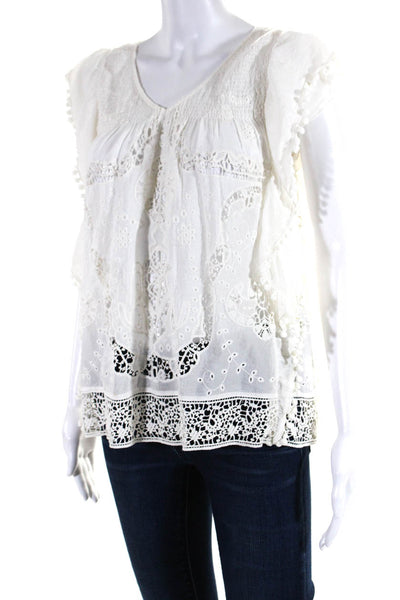 Bell Women's Cap Sleeve V Neck Embroidered Ruffle Top White Size S