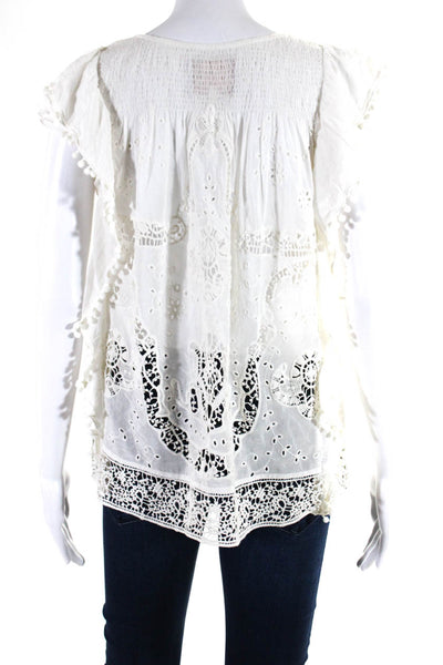 Bell Women's Cap Sleeve V Neck Embroidered Ruffle Top White Size S