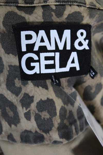 Pam & Gela Women's Animal Print Jean Jacket Beige Size S