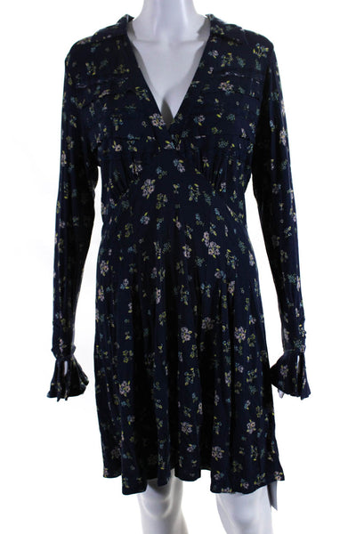 Free People Womens Floral Print Collared A Line Dress Navy Blue Size Large