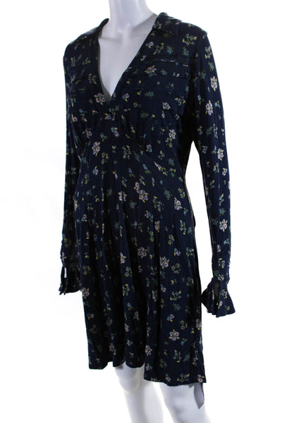 Free People Womens Floral Print Collared A Line Dress Navy Blue Size Large