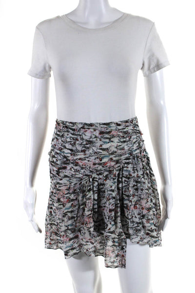 IRO Womens Abstract Print Ruffled Pleated Short Slit Skirt Gray Pink Size 34
