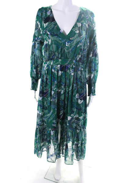 Ba&Sh Womens Long Sleeve V Neck Metallic Printed Midi Dress Green Silk Size 10