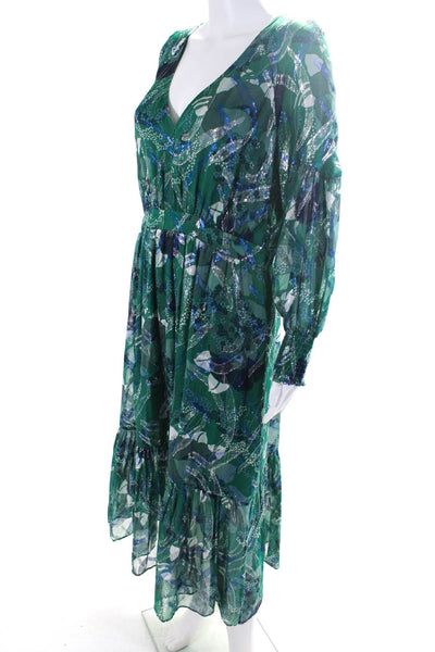 Ba&Sh Womens Long Sleeve V Neck Metallic Printed Midi Dress Green Silk Size 10