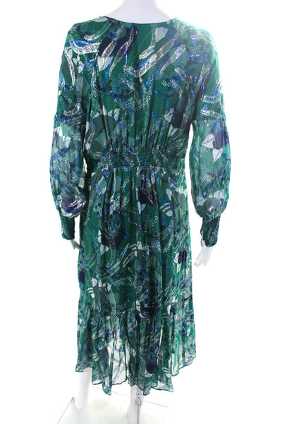 Ba&Sh Womens Long Sleeve V Neck Metallic Printed Midi Dress Green Silk Size 10