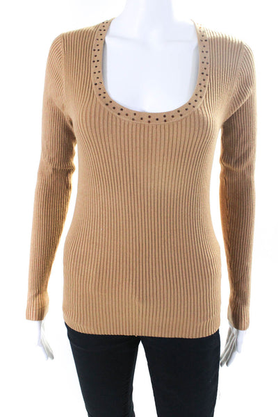BCBGMAXAZRIA Womens Brown Bedazzled Scoop Neck Ribbed Sweater Top Size M
