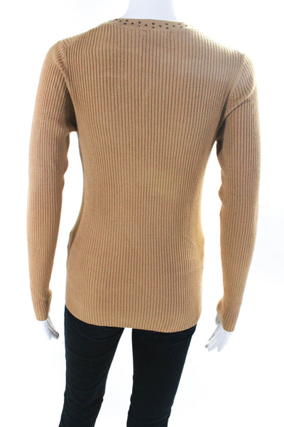 BCBGMAXAZRIA Womens Brown Bedazzled Scoop Neck Ribbed Sweater Top Size M