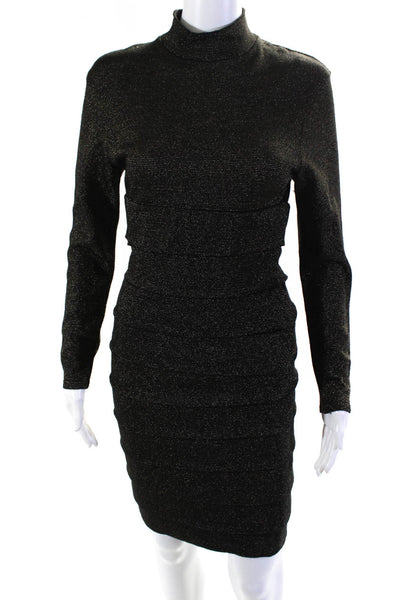 Fuzzi Womens Metallic Long Sleeve Mocked Neck Tiered Bodycon Dress Black Size 42