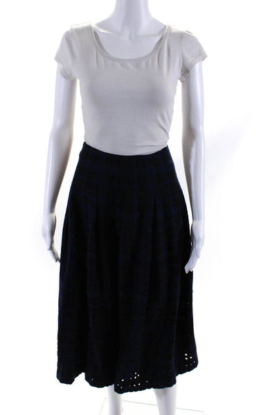 Oscar de la Renta Womens Navy Wool Plaid Textured Lined A-Line Skirt Size 8