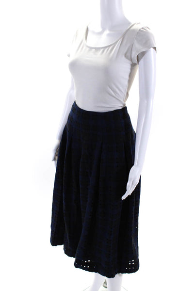 Oscar de la Renta Womens Navy Wool Plaid Textured Lined A-Line Skirt Size 8