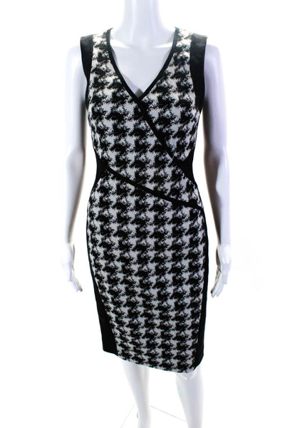 DKNY Womens Wool Houndstooth Print Wrap V-Neck Zipped Sheath Dress Black Size 2