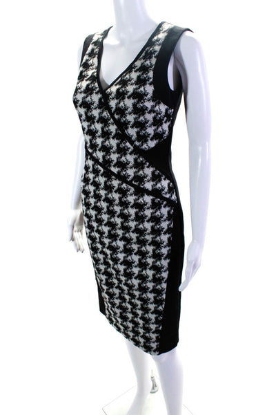 DKNY Womens Wool Houndstooth Print Wrap V-Neck Zipped Sheath Dress Black Size 2