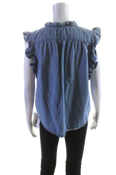 Frame Womens Button Front Ruffled Trim Lauren Farrah Top Blue Cotton Size Large