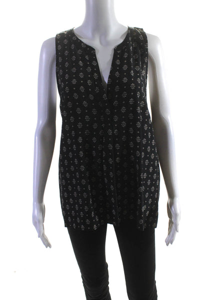 Joie Womens Button Front Sleeveless V Neck Abstract Silk Top Black Beige Large