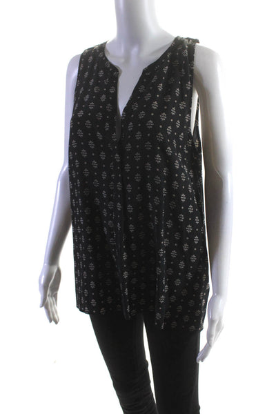 Joie Womens Button Front Sleeveless V Neck Abstract Silk Top Black Beige Large