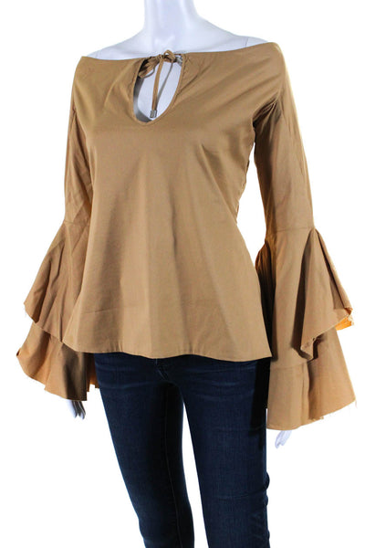 B Chicago Womens Long Bell Sleeve Tie Neck Top Blouse Beige Size Large