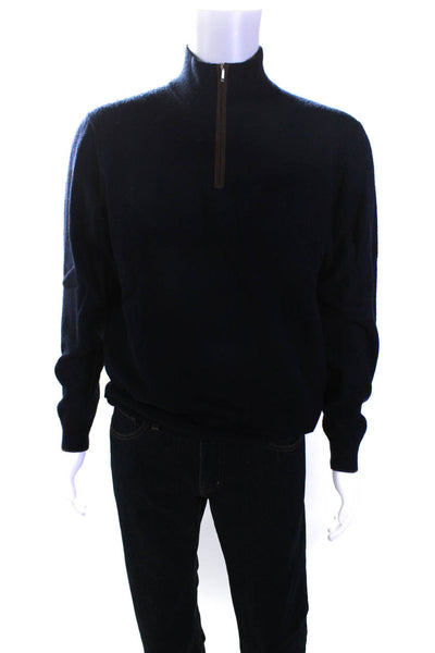 Boggi Mens Quarter Zip Mock Neck Sweater Navy Blue Brown Wool Size Extra Large