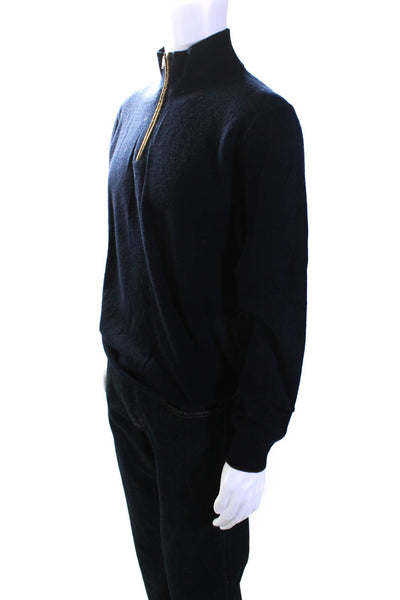 Boggi Mens Quarter Zip Mock Neck Sweater Navy Blue Brown Wool Size Extra Large