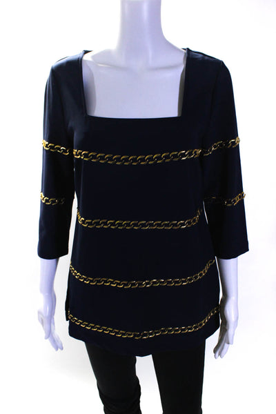 Boston Proper Womens Faux Chain 3/4 Sleeve Square Neck Top Blouse Navy Small