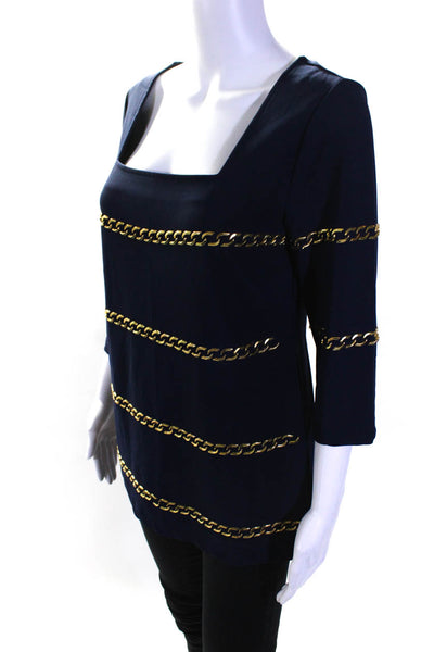 Boston Proper Womens Faux Chain 3/4 Sleeve Square Neck Top Blouse Navy Small