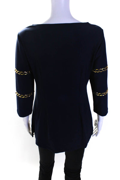 Boston Proper Womens Faux Chain 3/4 Sleeve Square Neck Top Blouse Navy Small