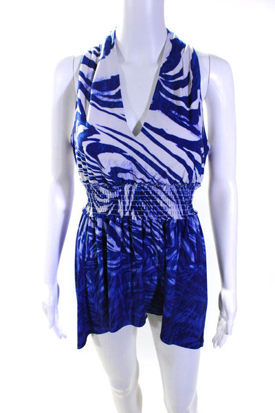 Boston Proper Womens Printed V Neck Sleeveless Mini A Line Dress Blue Medium