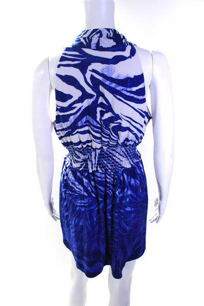 Boston Proper Womens Printed V Neck Sleeveless Mini A Line Dress Blue Medium