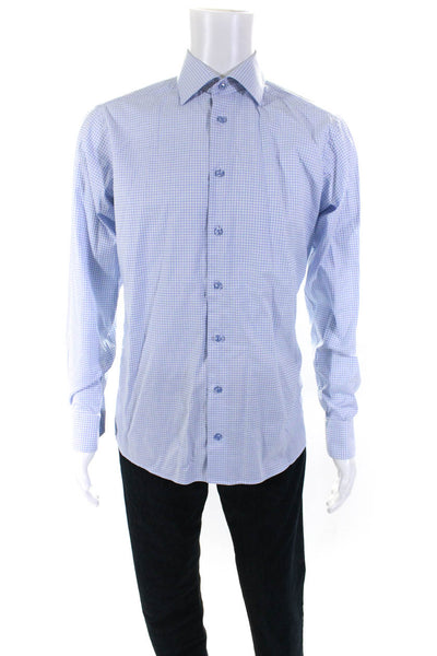 Eton Mens Blue Checker Print Long Sleeve Button Down Dress Shirt Size 16.5