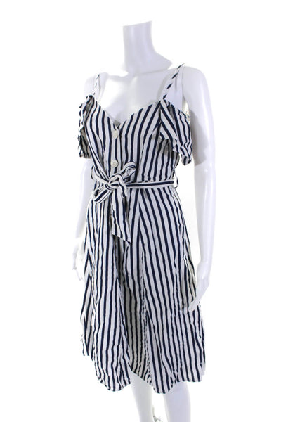 Zara Womens White Navy Striped Ruffle Sleeveless Midi Shift Dress Size M lot 2