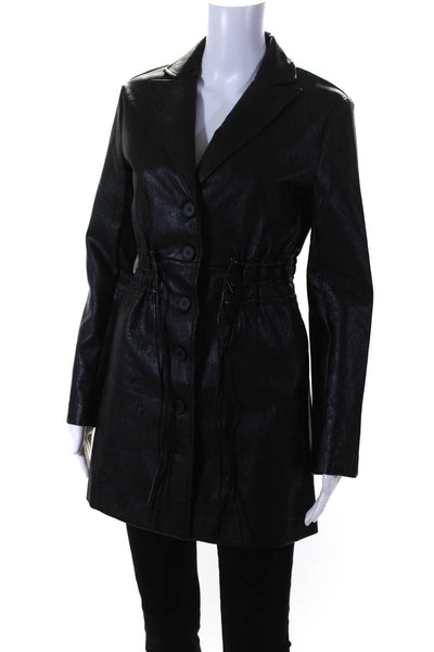 Line And Dot Womens Faux Leather Drawstring Anorak Blazer Jacket Black Size XS