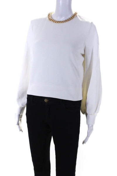 Intermix Womens Chain Embellished Puff Sleeve Crew Neck Sweatshirt White Small