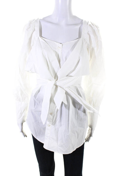 Sea Womens Cotton Buttoned Ruffle Layered Puff Sleeve Belted Blouse White Size 4