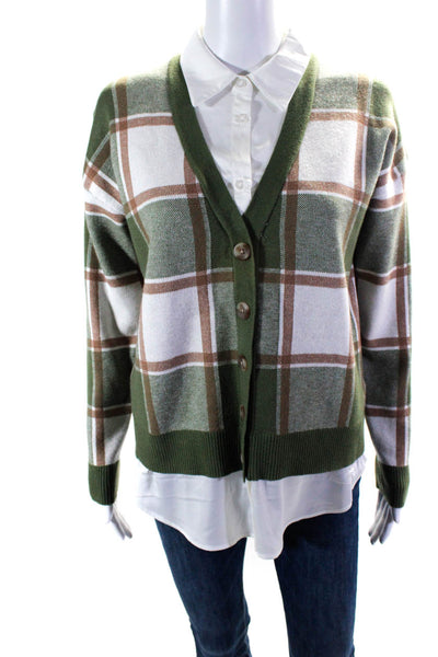 Rachel Zoe Womens Knit Plaid V-Neck 2 in 1 Blouse Cardigan Sweater Green Size M